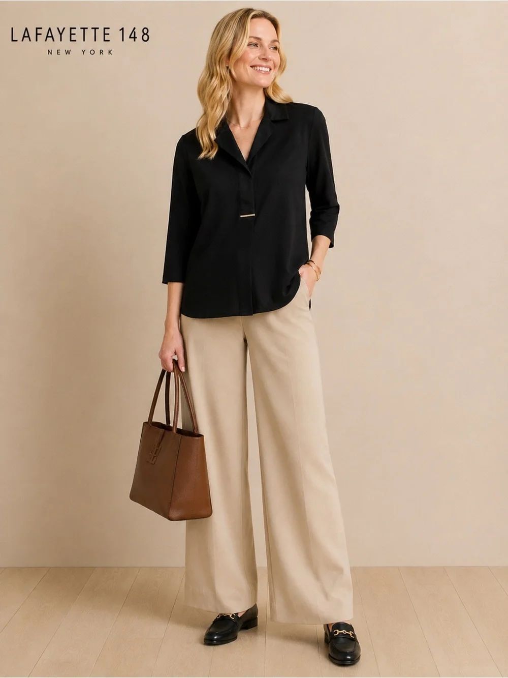 Lafayette 148 New York Black Stretch Knit Collared Top